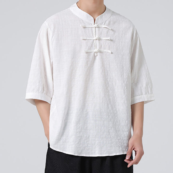 Camisa de media manga con diseño de cuadros de botones de rana y Buddha Stones, traje chino, ropa de hombre de lino y algodón