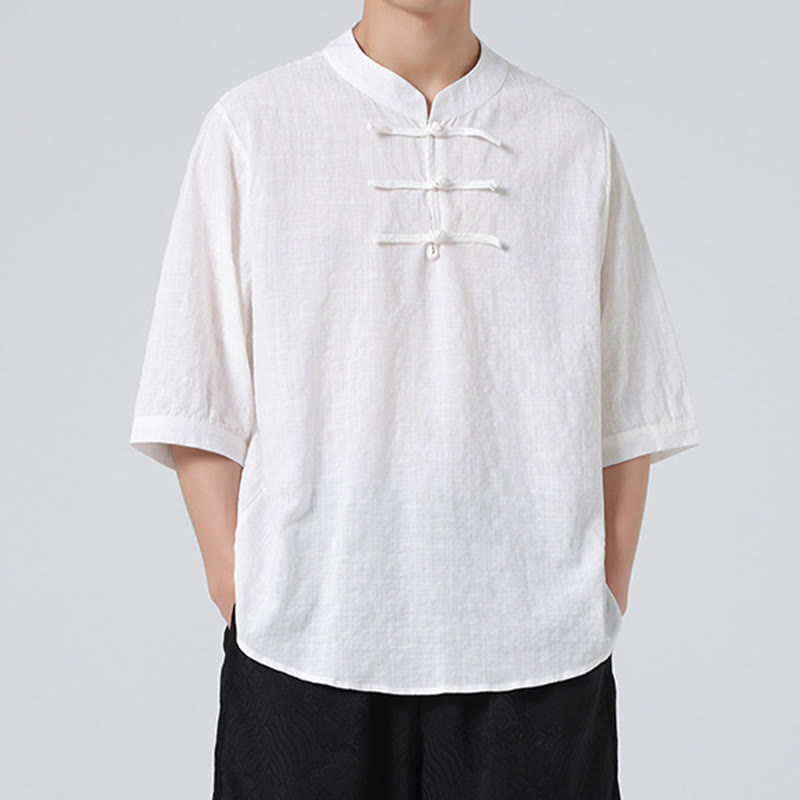 Camisa de media manga con diseño de cuadros de botones de rana y Buddha Stones, traje chino, ropa de hombre de lino y algodón