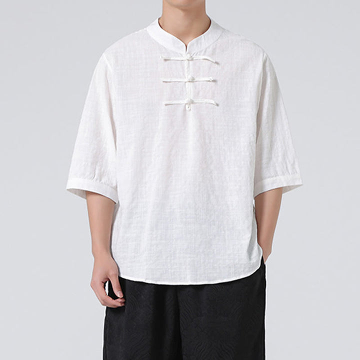 Camisa de media manga con diseño de cuadros de botones de rana y Buddha Stones, traje chino, ropa de hombre de lino y algodón