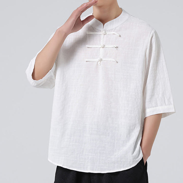 Camisa de media manga con diseño de cuadros de botones de rana y Buddha Stones, traje chino, ropa de hombre de lino y algodón