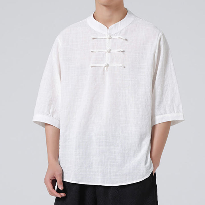 Camisa de media manga con diseño de cuadros de botones de rana y Buddha Stones, traje chino, ropa de hombre de lino y algodón