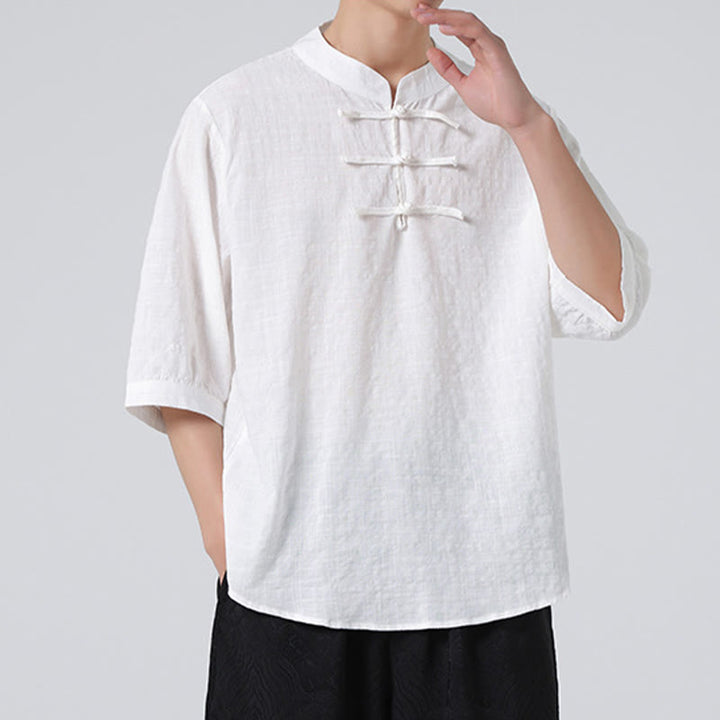 Camisa de media manga con diseño de cuadros de botones de rana y Buddha Stones, traje chino, ropa de hombre de lino y algodón