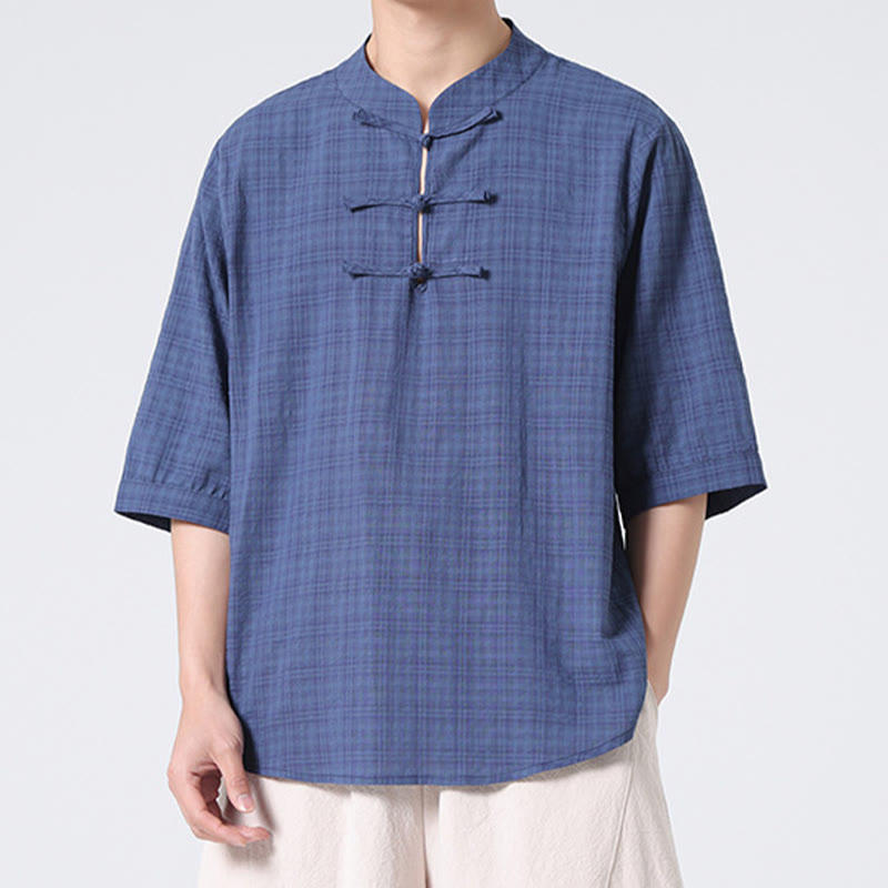 Camisa de media manga con diseño de cuadros de botones de rana y Buddha Stones, traje chino, ropa de hombre de lino y algodón