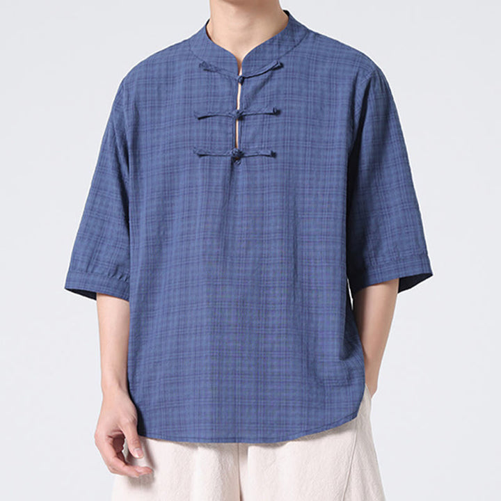 Camisa de media manga con diseño de cuadros de botones de rana y Buddha Stones, traje chino, ropa de hombre de lino y algodón