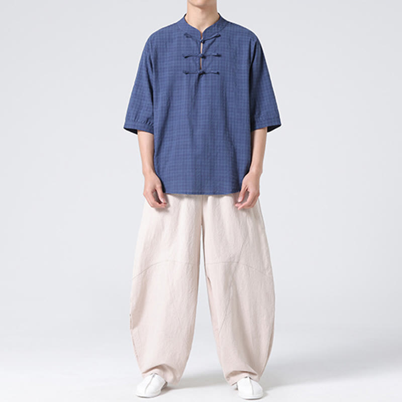 Camisa de media manga con diseño de cuadros de botones de rana y Buddha Stones, traje chino, ropa de hombre de lino y algodón