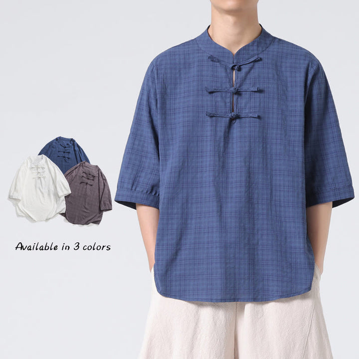 Camisa de media manga con diseño de cuadros de botones de rana y Buddha Stones, traje chino, ropa de hombre de lino y algodón