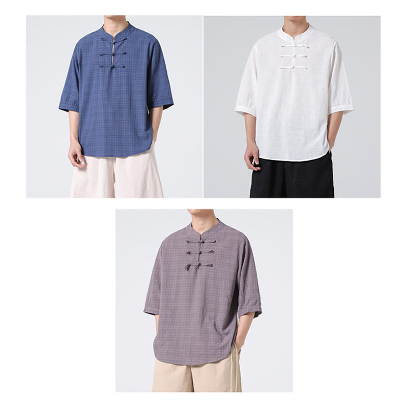 Camisa de media manga con diseño de cuadros de botones de rana y Buddha Stones, traje chino, ropa de hombre de lino y algodón