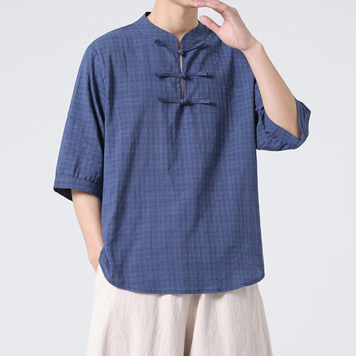 Camisa de media manga con diseño de cuadros de botones de rana y Buddha Stones, traje chino, ropa de hombre de lino y algodón