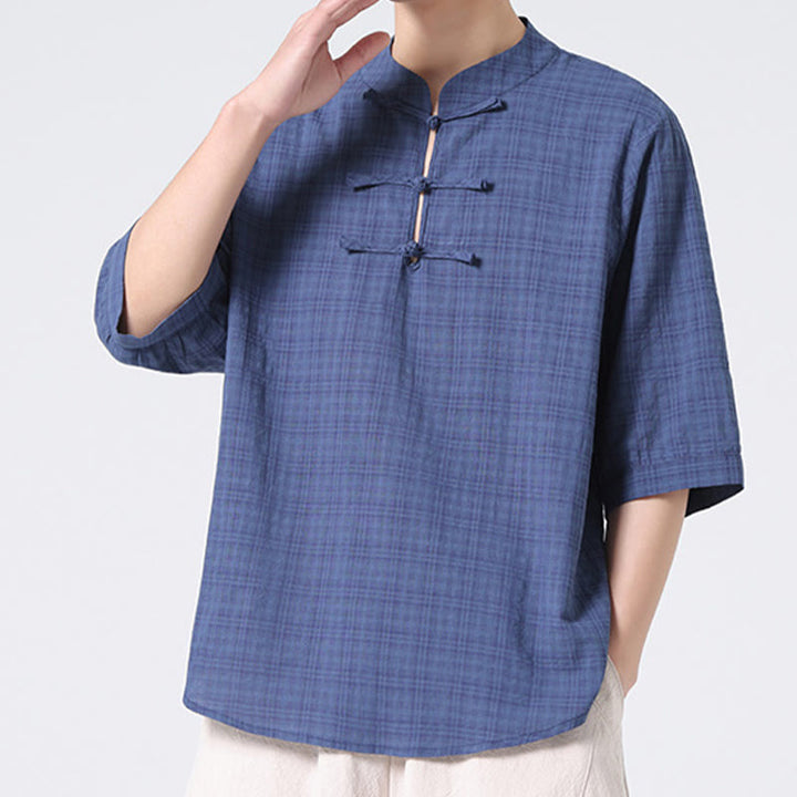 Camisa de media manga con diseño de cuadros de botones de rana y Buddha Stones, traje chino, ropa de hombre de lino y algodón