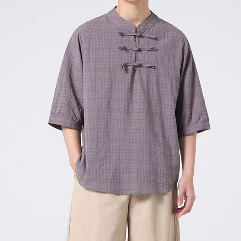 Camisa de media manga con diseño de cuadros de botones de rana y Buddha Stones, traje chino, ropa de hombre de lino y algodón