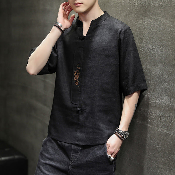 Camisa de manga corta con bordado de Fénix y botones de rana de Buddha Stones , ropa de hombre de lino y algodón - image 17