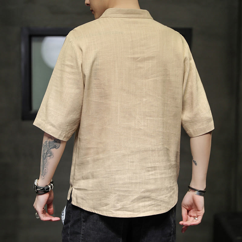 Camisa de manga corta con bordado de Fénix y botones de rana de Buddha Stones , ropa de hombre de lino y algodón - image 13
