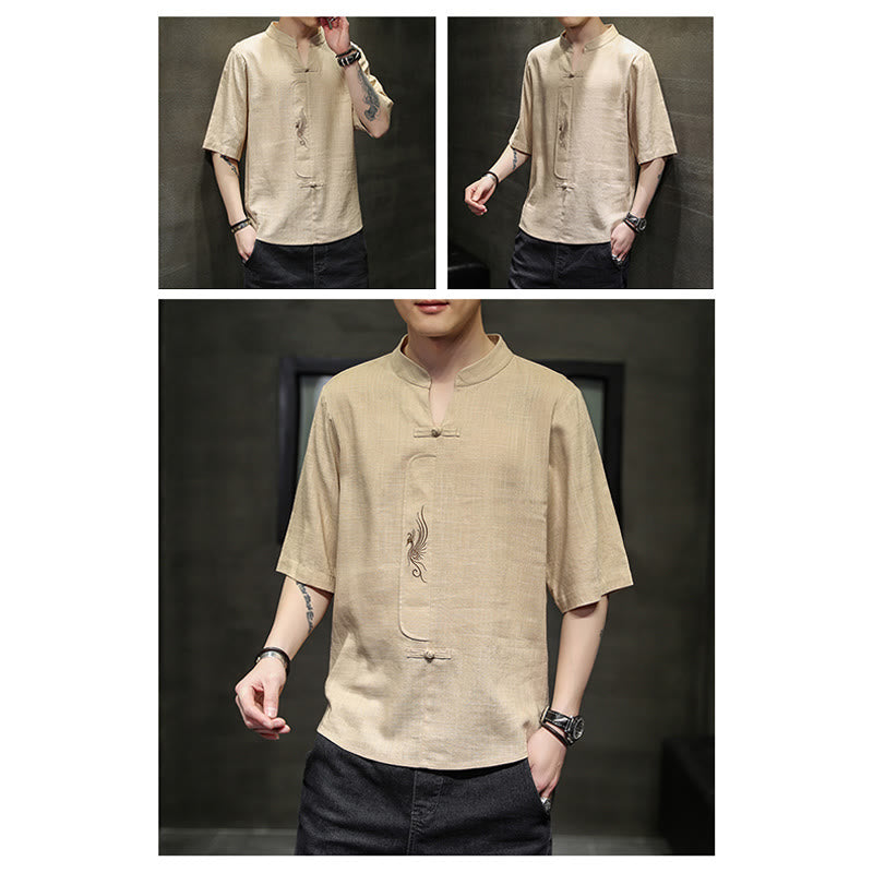 Camisa de manga corta con bordado de Fénix y botones de rana de Buddha Stones , ropa de hombre de lino y algodón - image 16