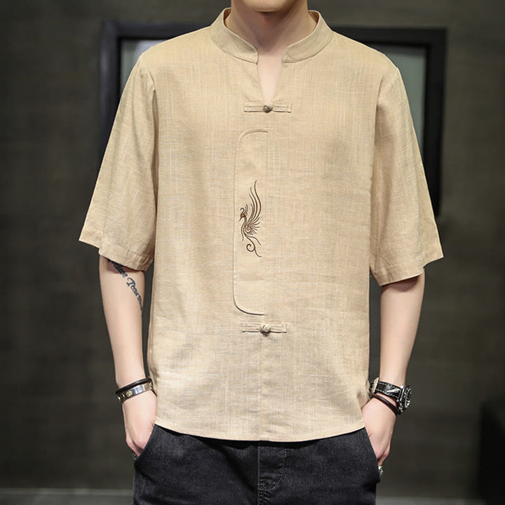 Camisa de manga corta con bordado de Fénix y botones de rana de Buddha Stones , ropa de hombre de lino y algodón - Sopa de mariscos - US/UK/AU46, EU56 (5XL) - image 10