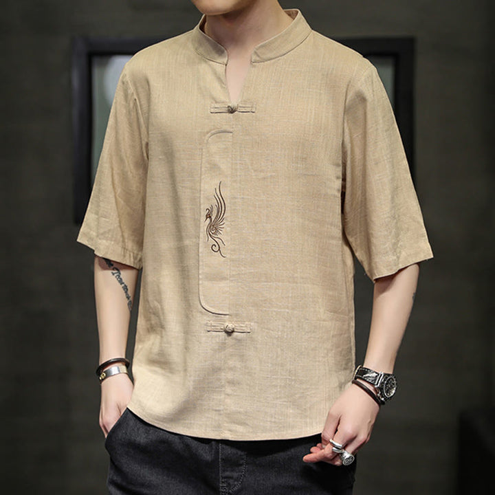 Camisa de manga corta con bordado de Fénix y botones de rana de Buddha Stones , ropa de hombre de lino y algodón - image 15