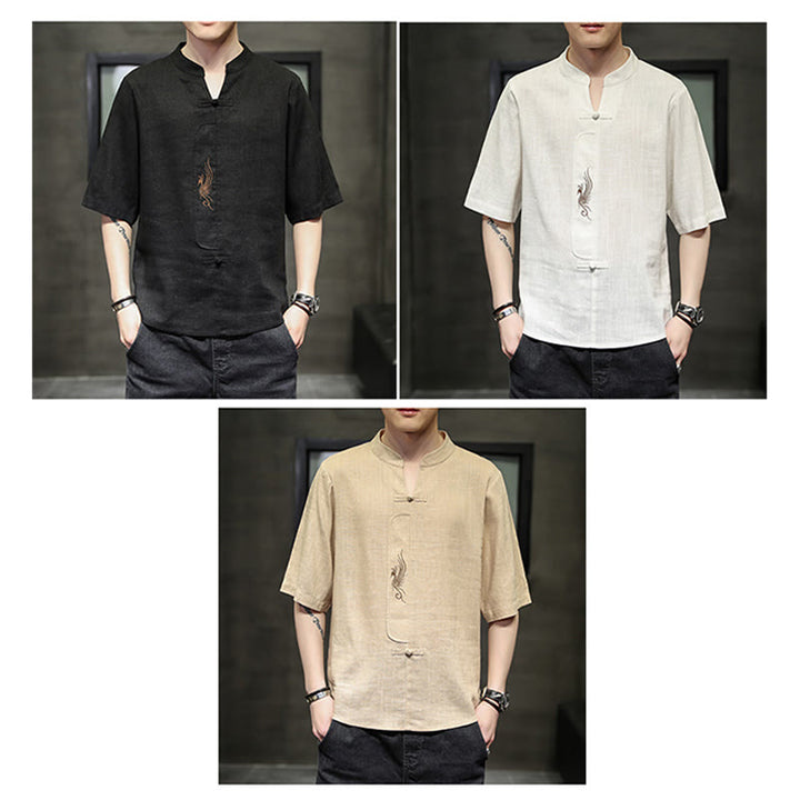 Camisa de manga corta con bordado de Fénix y botones de rana de Buddha Stones , ropa de hombre de lino y algodón - image 24