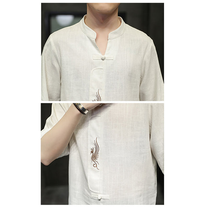 Camisa de manga corta con bordado de Fénix y botones de rana de Buddha Stones , ropa de hombre de lino y algodón - image 9