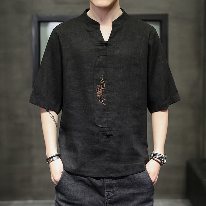 Camisa de manga corta con bordado de Fénix y botones de rana de Buddha Stones , ropa de hombre de lino y algodón - Negro - US/UK/AU46, EU56 (5XL) - image 16