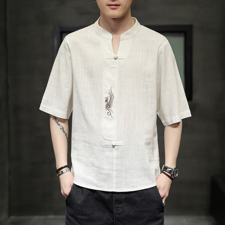 Camisa de manga corta con bordado de Fénix y botones de rana de Buddha Stones , ropa de hombre de lino y algodón - image 1