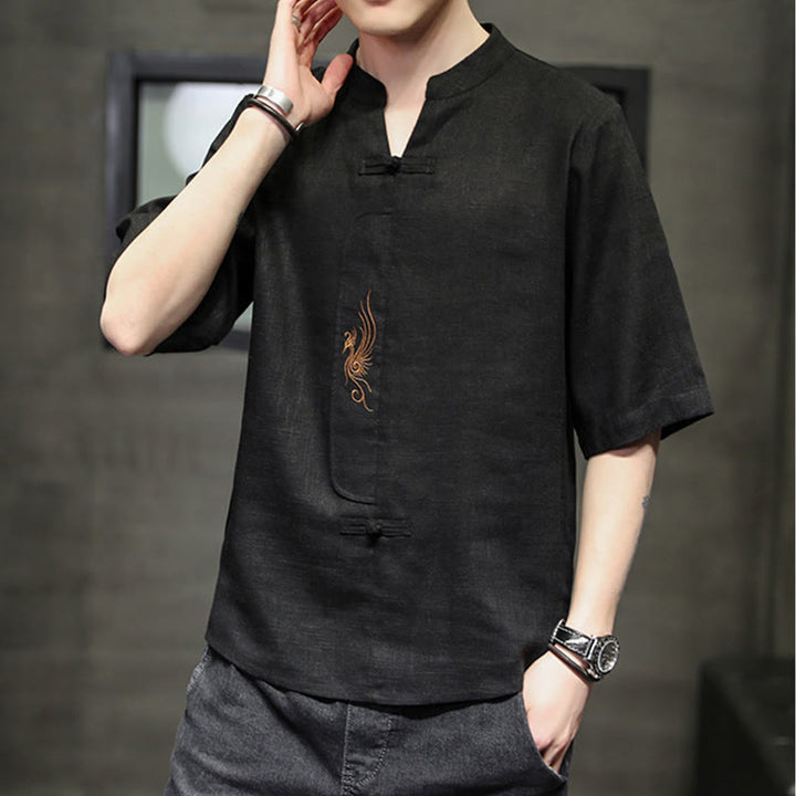 Camisa de manga corta con bordado de Fénix y botones de rana de Buddha Stones , ropa de hombre de lino y algodón - image 22