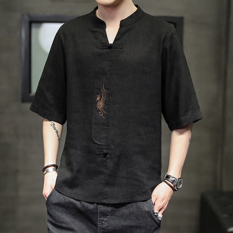 Camisa de manga corta con bordado de Fénix y botones de rana de Buddha Stones , ropa de hombre de lino y algodón - image 20