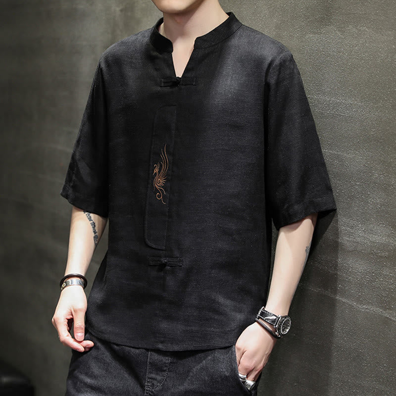 Camisa de manga corta con bordado de Fénix y botones de rana de Buddha Stones , ropa de hombre de lino y algodón - image 19