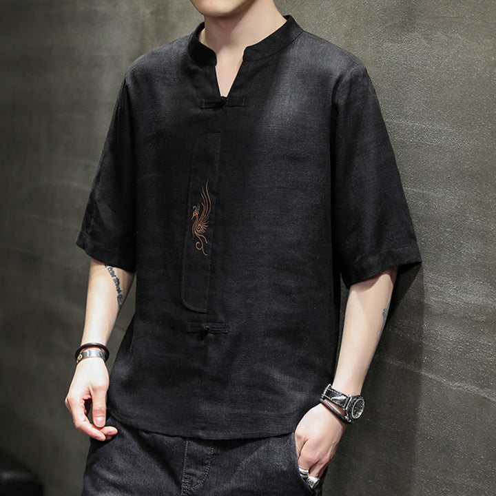 Camisa de manga corta con bordado de Fénix y botones de rana de Buddha Stones , ropa de hombre de lino y algodón - image 19