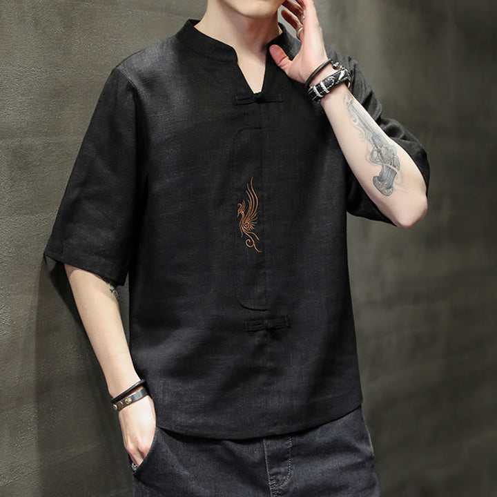 Camisa de manga corta con bordado de Fénix y botones de rana de Buddha Stones , ropa de hombre de lino y algodón - image 18