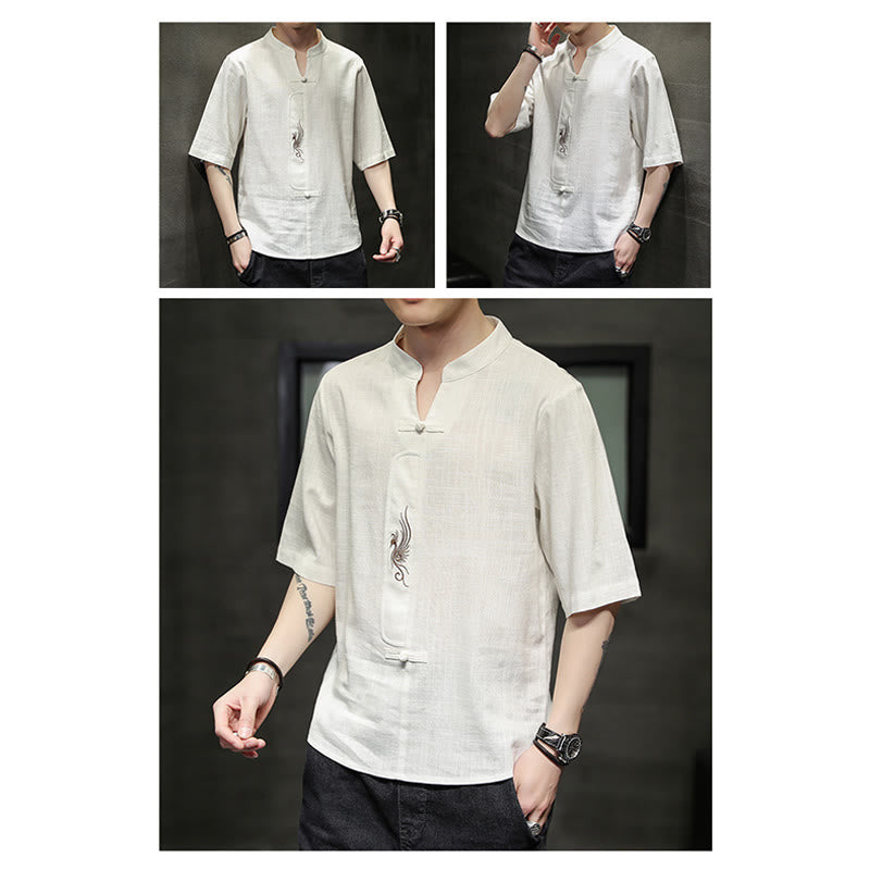 Camisa de manga corta con bordado de Fénix y botones de rana de Buddha Stones , ropa de hombre de lino y algodón - image 9
