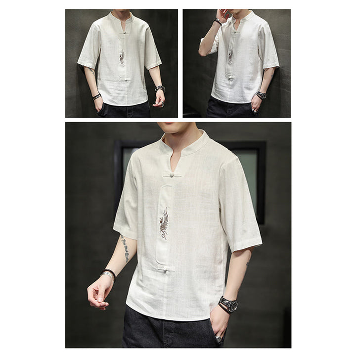 Camisa de manga corta con bordado de Fénix y botones de rana de Buddha Stones , ropa de hombre de lino y algodón - image 9