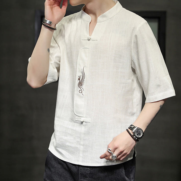 Camisa de manga corta con bordado de Fénix y botones de rana de Buddha Stones , ropa de hombre de lino y algodón - image 7