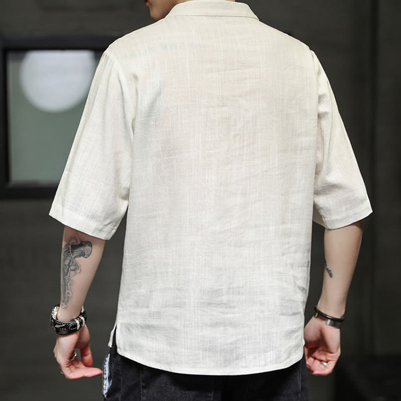 Camisa de manga corta con bordado de Fénix y botones de rana de Buddha Stones , ropa de hombre de lino y algodón - image 2