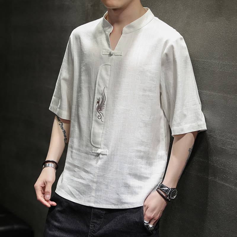 Camisa de manga corta con bordado de Fénix y botones de rana de Buddha Stones , ropa de hombre de lino y algodón - image 4