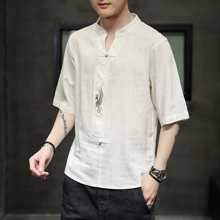 Camisa de manga corta con bordado de Fénix y botones de rana de Buddha Stones , ropa de hombre de lino y algodón - image 6