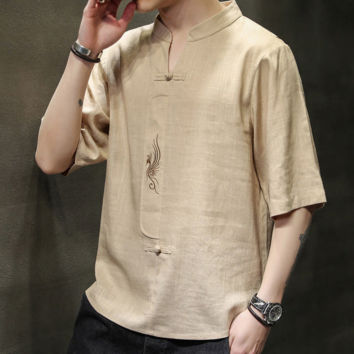 Camisa de manga corta con bordado de Fénix y botones de rana de Buddha Stones , ropa de hombre de lino y algodón - image 13
