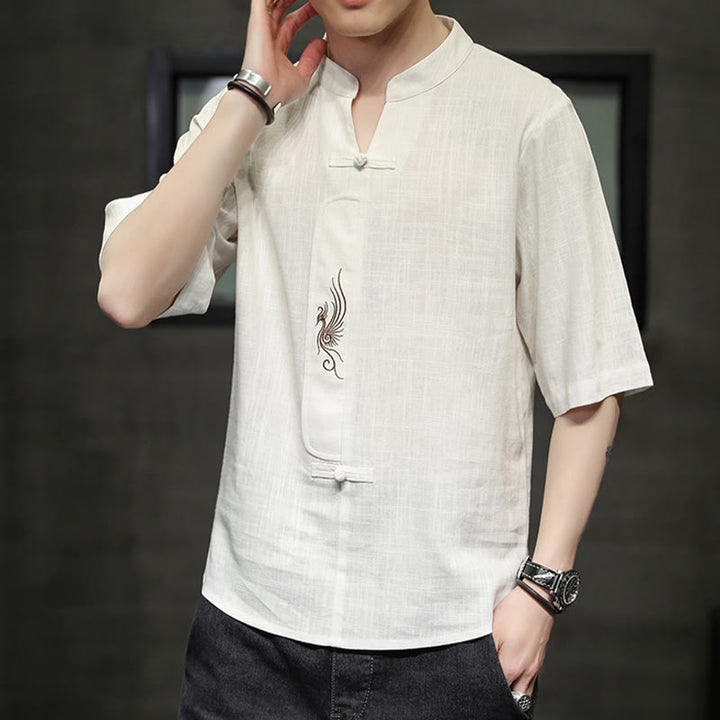 Camisa de manga corta con bordado de Fénix y botones de rana de Buddha Stones , ropa de hombre de lino y algodón - image 5