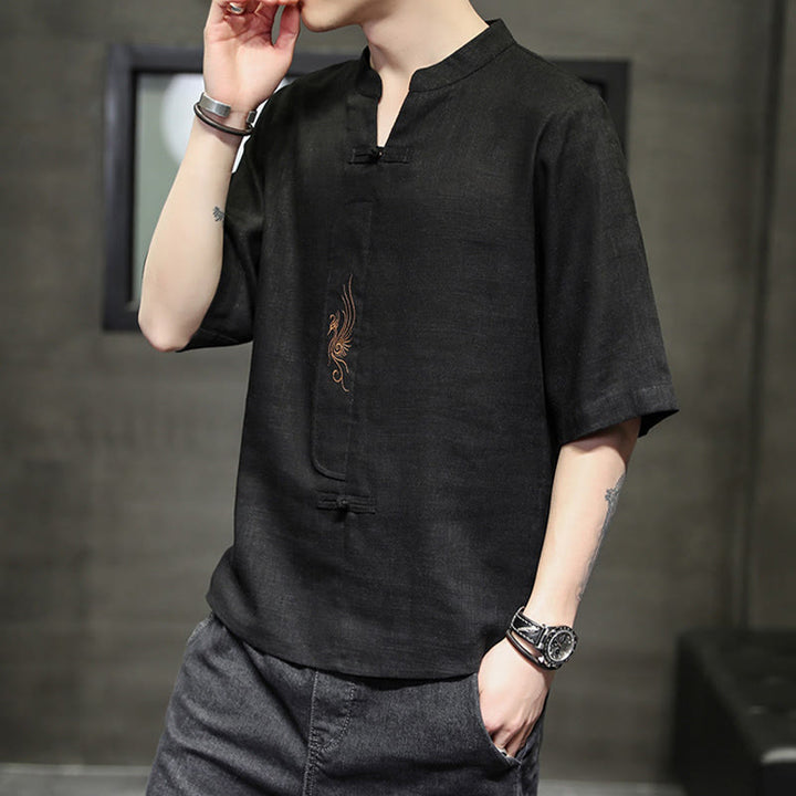 Camisa de manga corta con bordado de Fénix y botones de rana de Buddha Stones , ropa de hombre de lino y algodón - image 21
