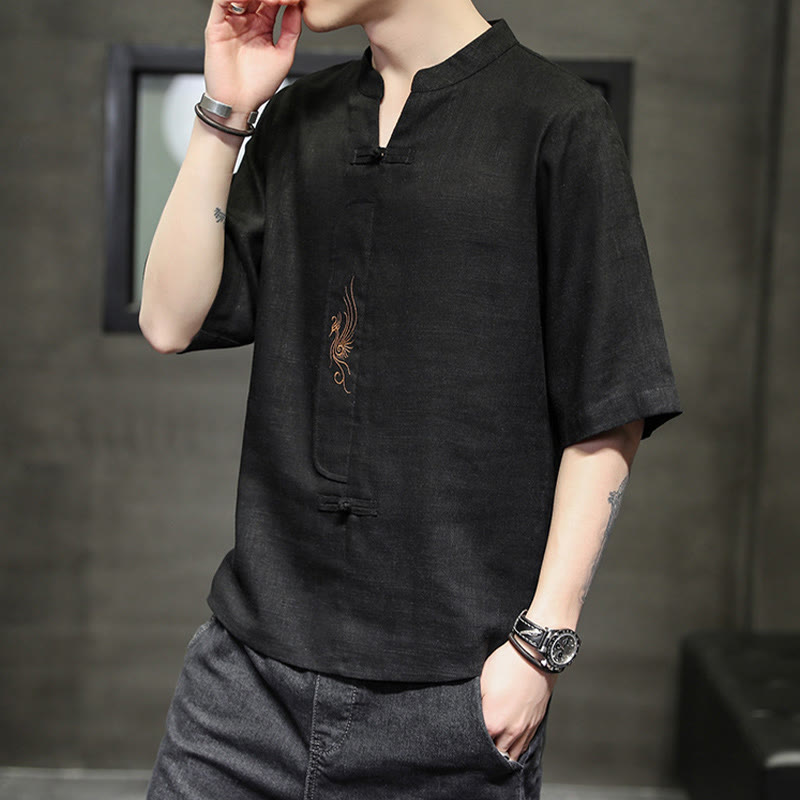 Camisa de manga corta con bordado de Fénix y botones de rana de Buddha Stones , ropa de hombre de lino y algodón - image 21