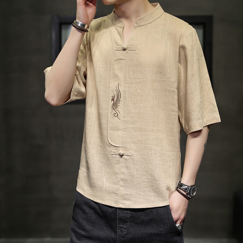 Camisa de manga corta con bordado de Fénix y botones de rana de Buddha Stones , ropa de hombre de lino y algodón - image 11