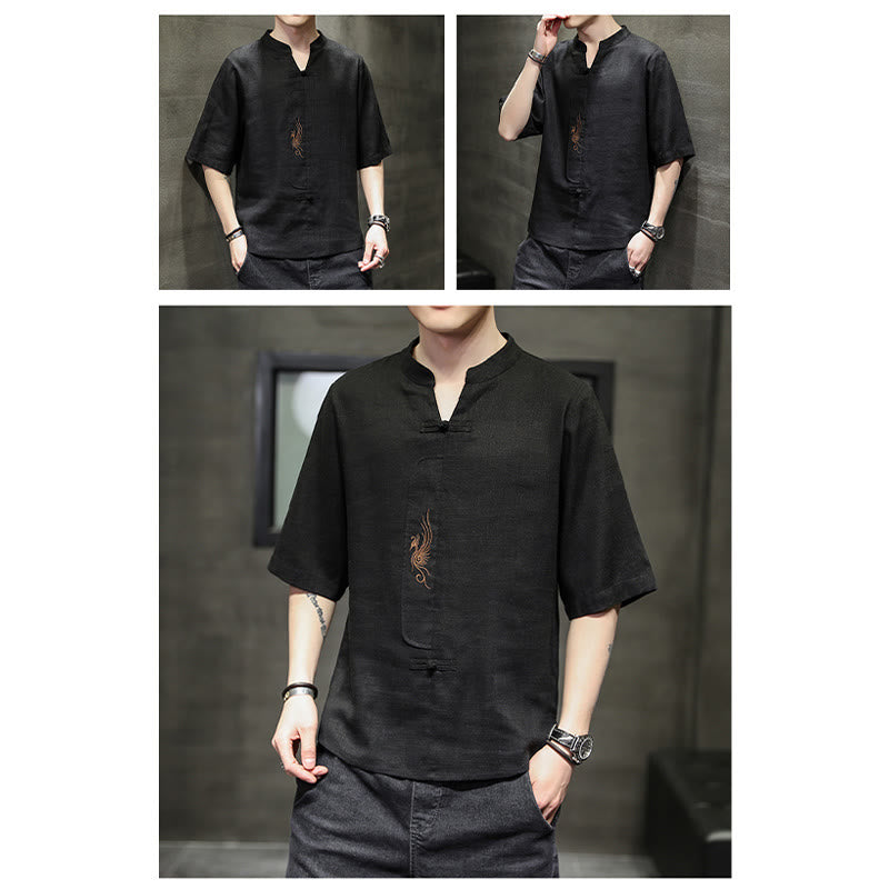 Camisa de manga corta con bordado de Fénix y botones de rana de Buddha Stones , ropa de hombre de lino y algodón - image 23