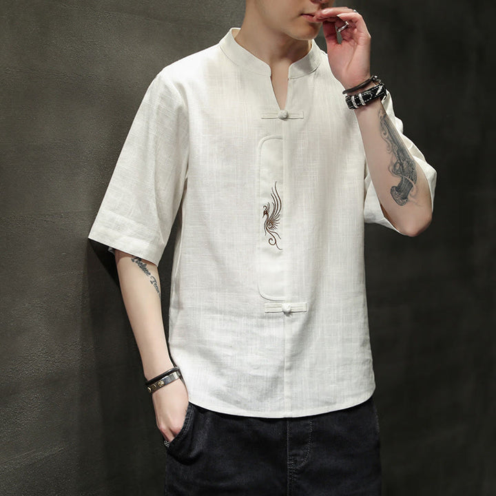 Camisa de manga corta con bordado de Fénix y botones de rana de Buddha Stones , ropa de hombre de lino y algodón - image 5