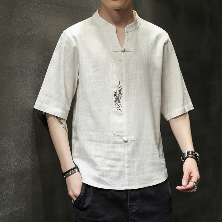 Camisa de manga corta con bordado de Fénix y botones de rana de Buddha Stones , ropa de hombre de lino y algodón - Nieve - US/UK/AU46, EU56 (5XL) - image 0