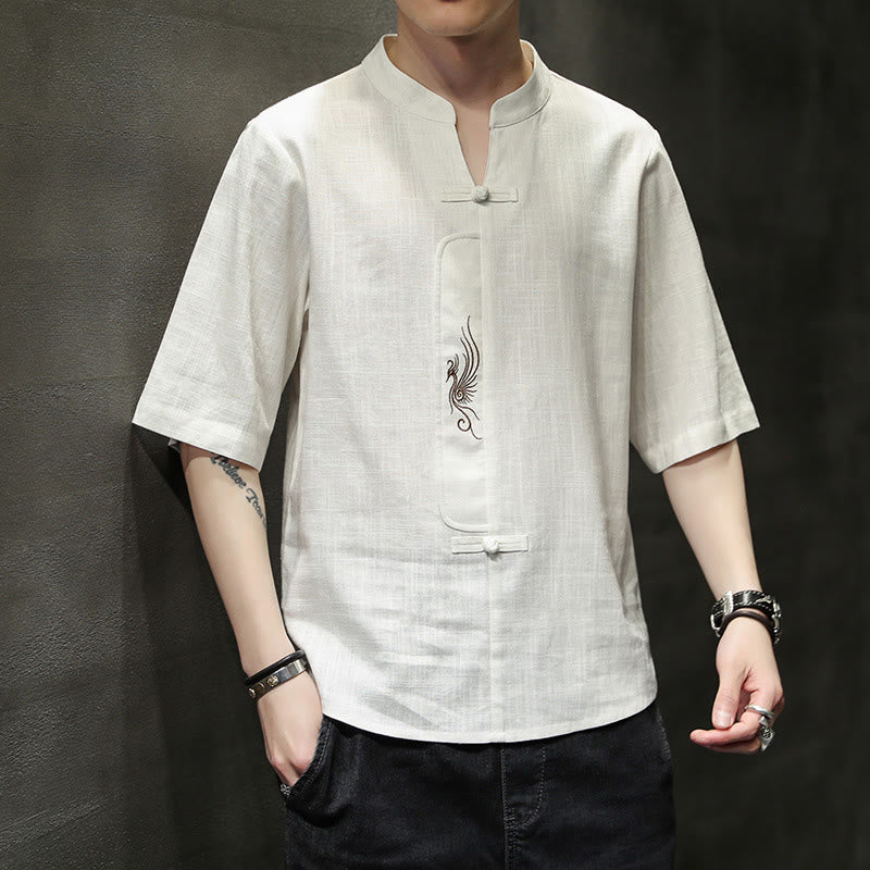 Camisa de manga corta con bordado de Fénix y botones de rana de Buddha Stones , ropa de hombre de lino y algodón - Nieve - US/UK/AU46, EU56 (5XL) - image 1
