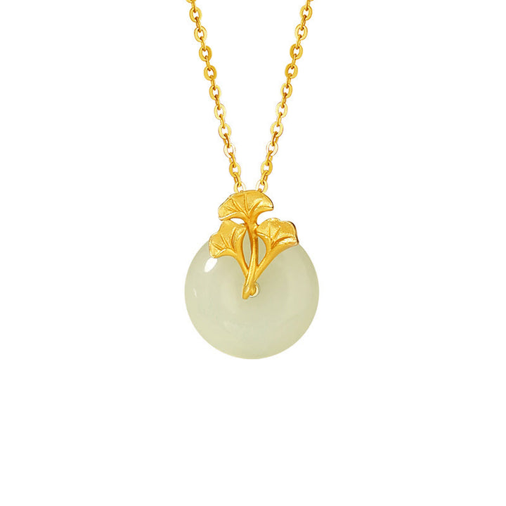 Collar con colgante de hojas de ginkgo de jade hetiano de plata de ley 925 con Buddha Stones