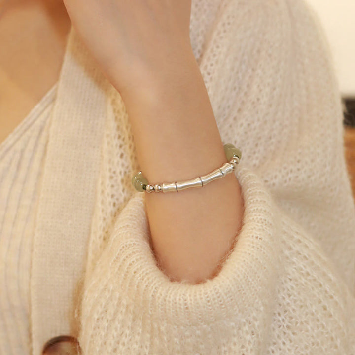 Pulsera de abundancia de bambú con carácter Fu de jade natural de plata de ley 925 con Buddha Stones