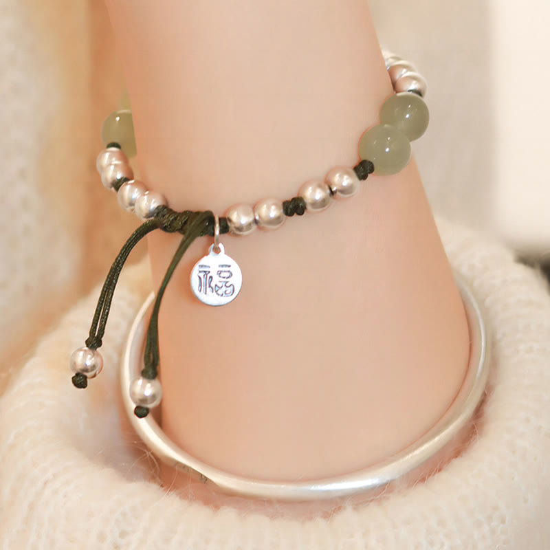 Pulsera de abundancia de bambú con carácter Fu de jade natural de plata de ley 925 con Buddha Stones - image 4