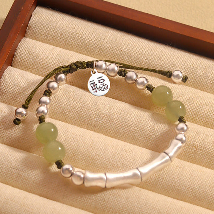 Pulsera de abundancia de bambú con carácter Fu de jade natural de plata de ley 925 con Buddha Stones - Jade (circunferencia de la muñeca: 14-19 cm) - image 0