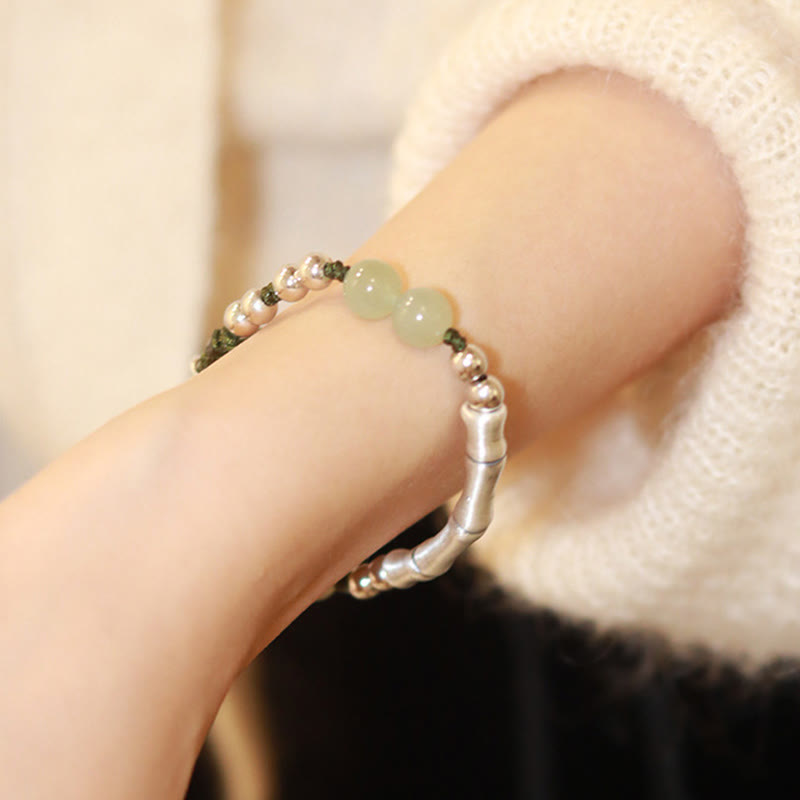 Pulsera de abundancia de bambú con carácter Fu de jade natural de plata de ley 925 con Buddha Stones