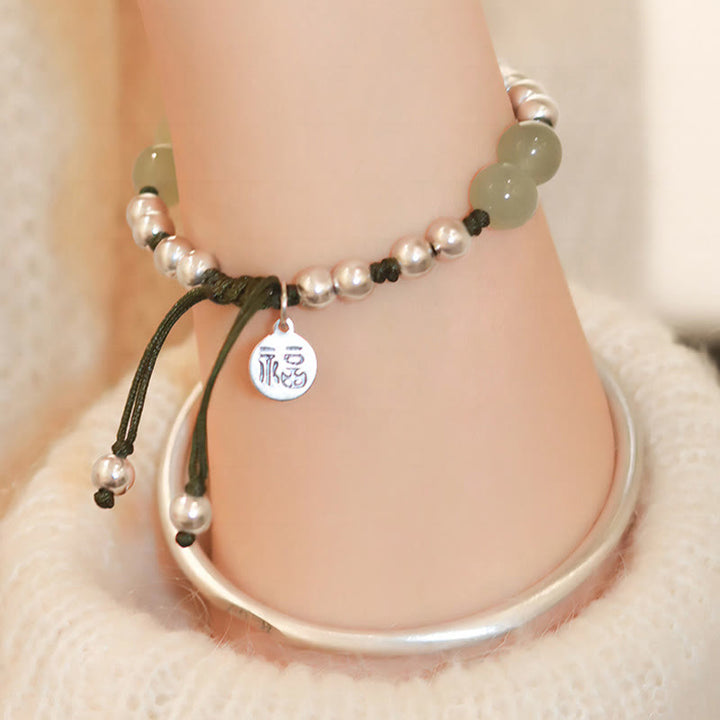 Pulsera de abundancia de bambú con carácter Fu de jade natural de plata de ley 925 con Buddha Stones
