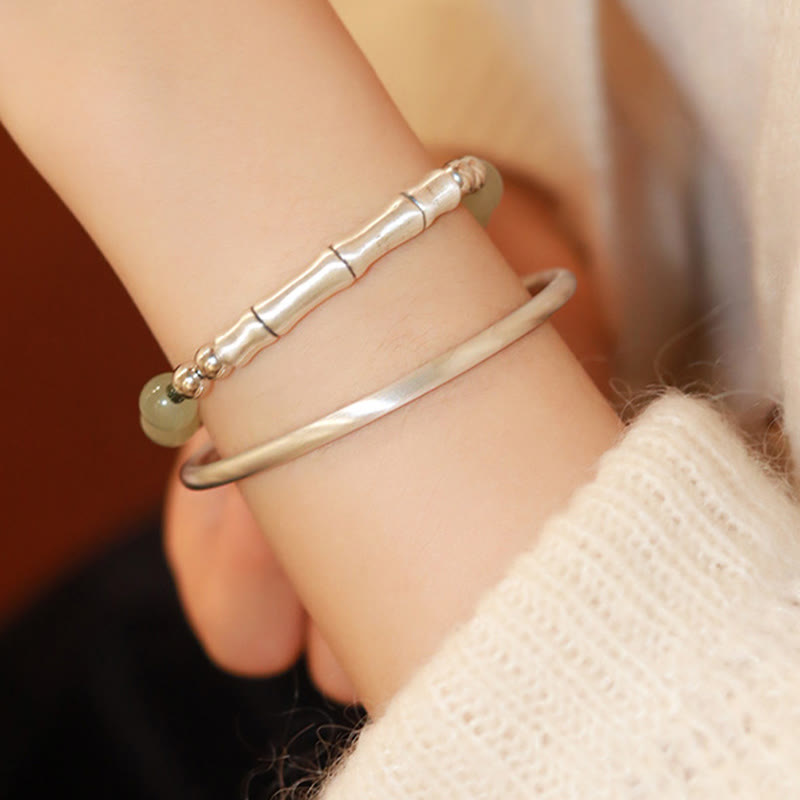 Pulsera de abundancia de bambú con carácter Fu de jade natural de plata de ley 925 con Buddha Stones